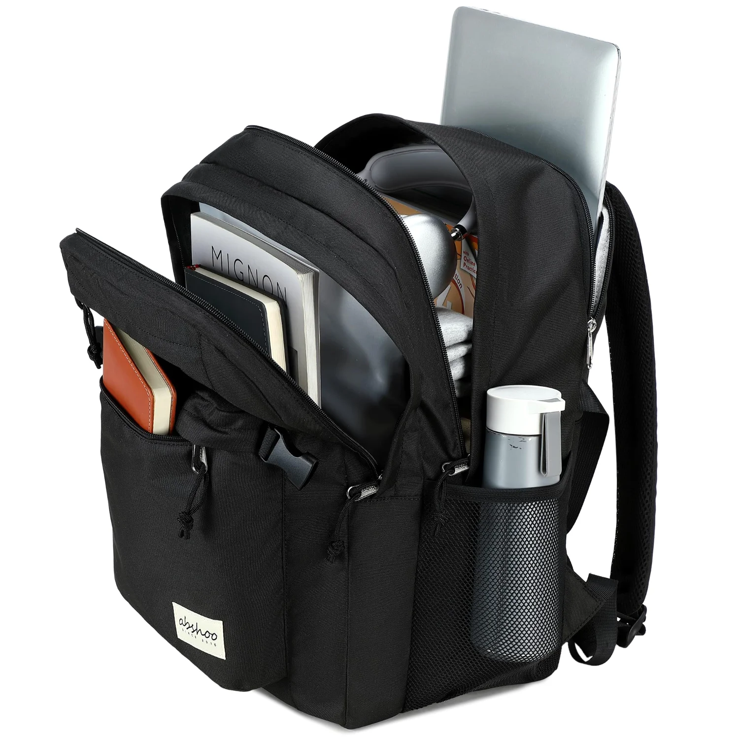 The same bag open: laptop sleeve at the back, bottle in the side pocket