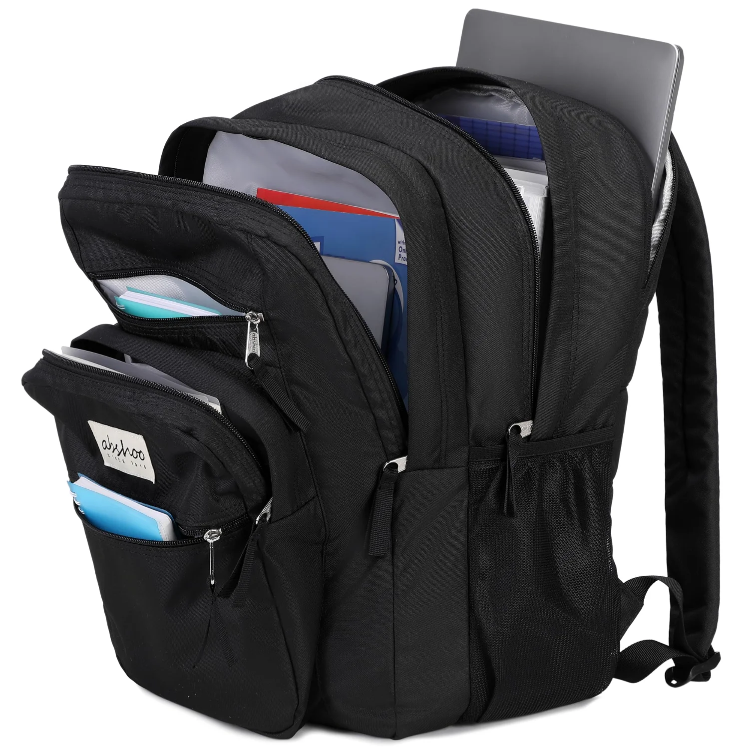 The 34-litre travel backpack open, laptop in its own sleeve