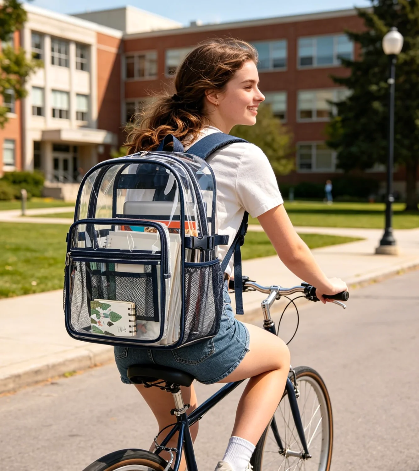 The 25-litre clear campus backpack on a bicycle