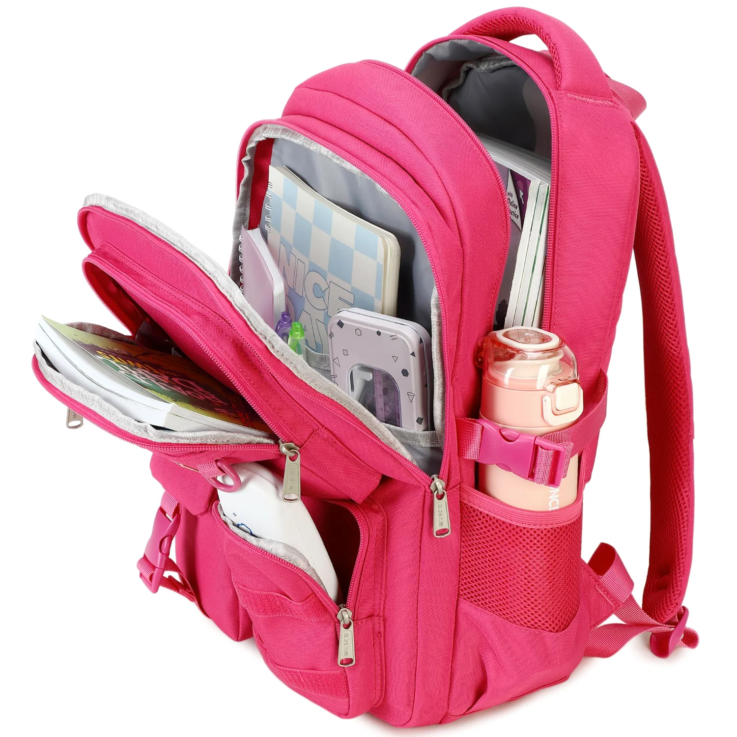 The heavy-duty campus backpack open, every compartment unzipped