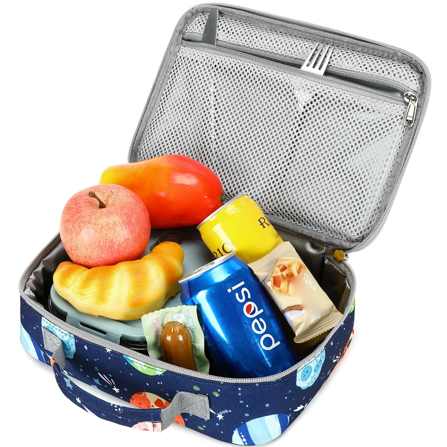 The insulated lunch bag open, with a container, fruit and two cans