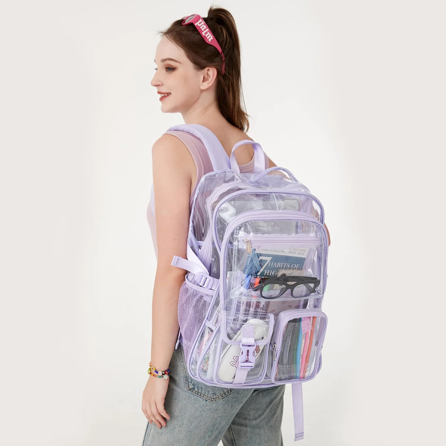 The same bag worn: the bound edges and the straps are the only parts a gate cannot see through