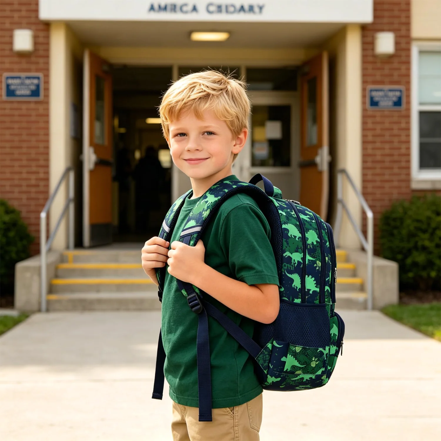 The dinosaur elementary pack outside a school door