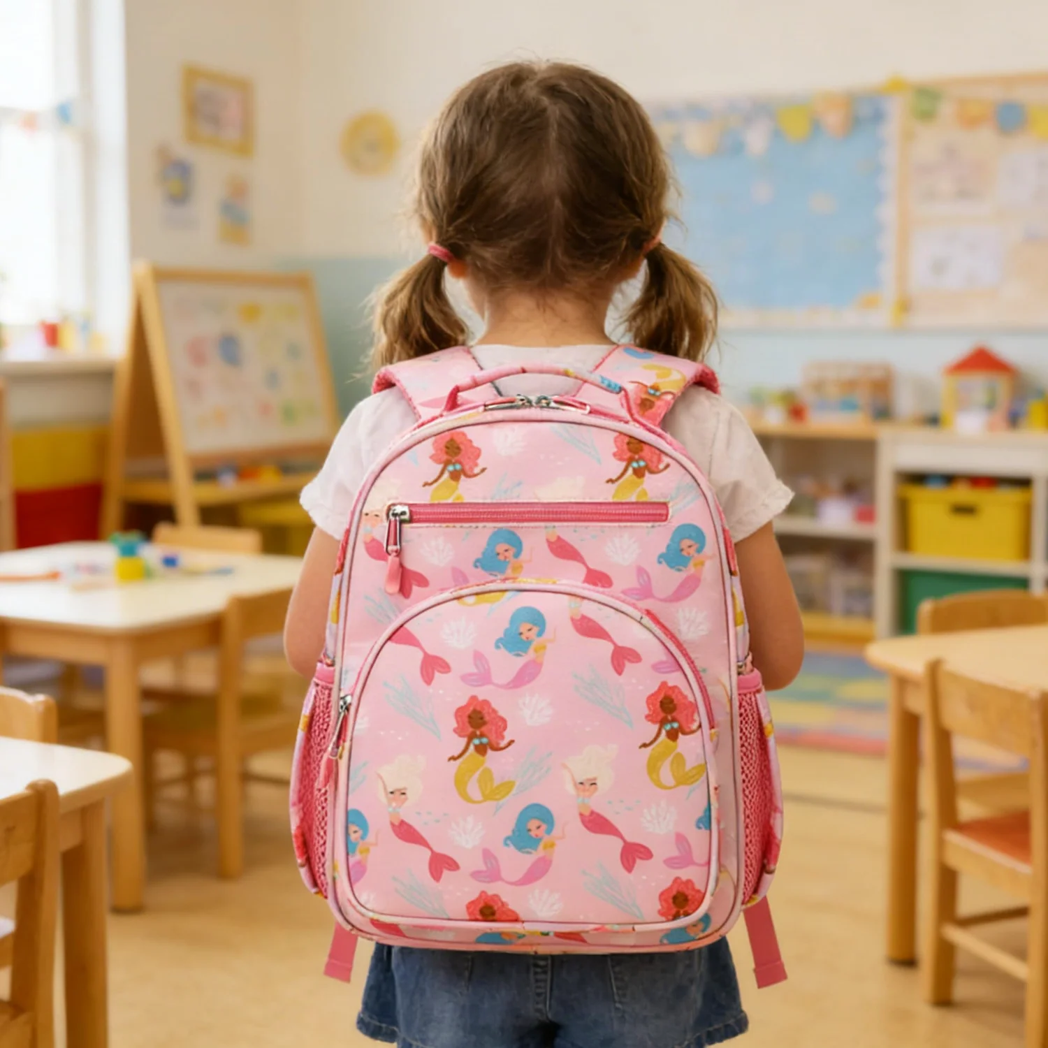 The mermaid elementary pack, back view, in a classroom