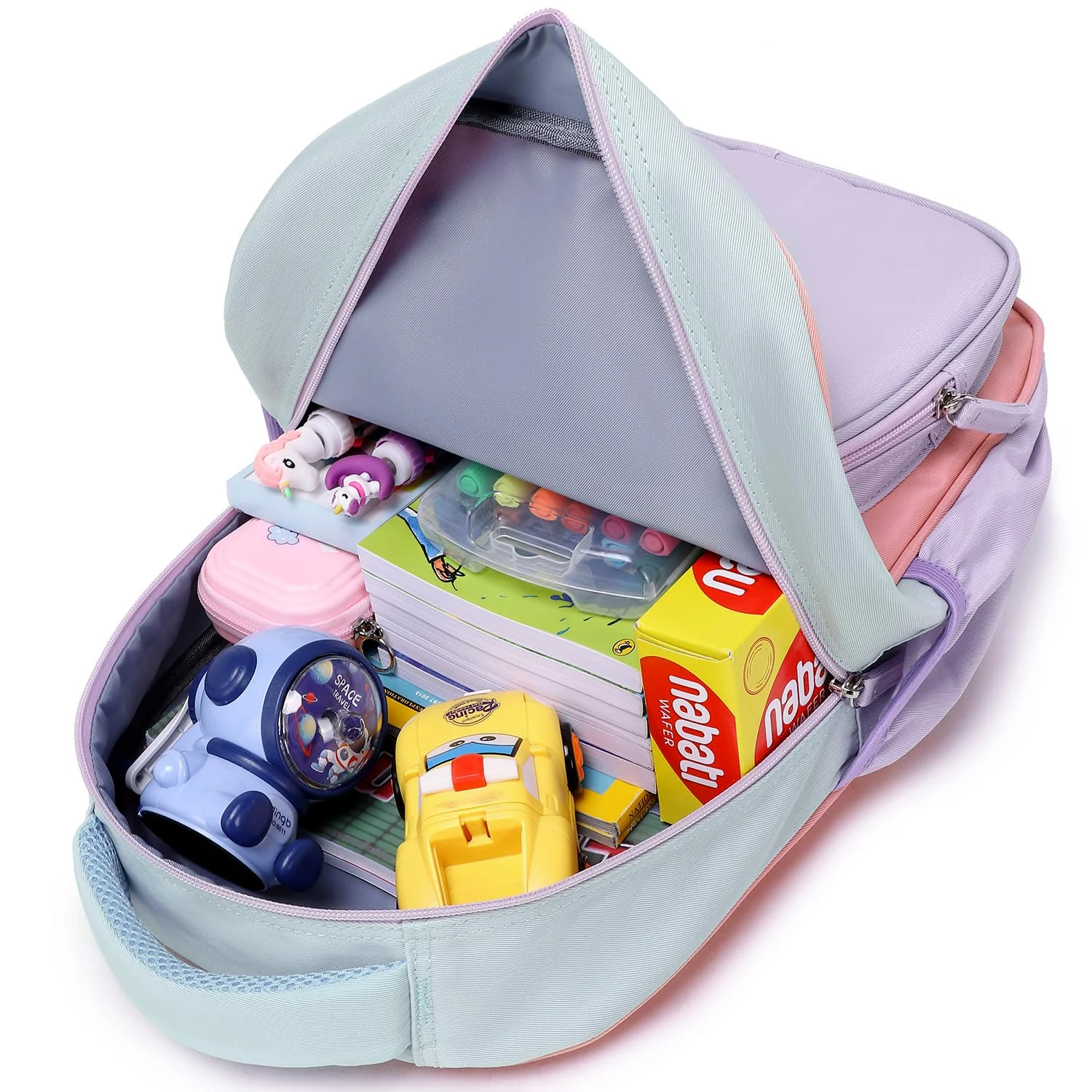 The 11.8-inch preschool pack open, with a snack, a toy and a small book inside