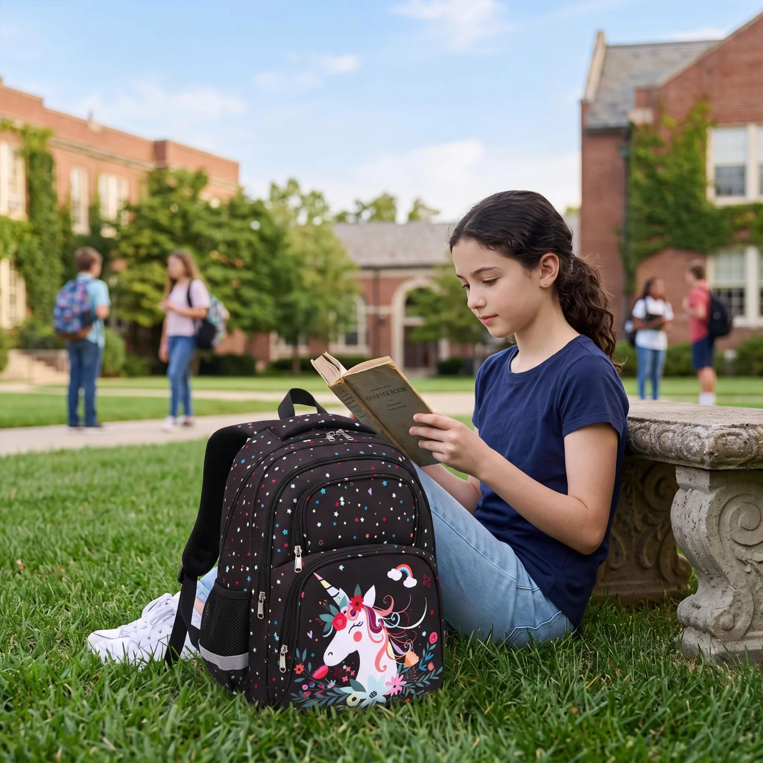 A unicorn elementary pack on the grass beside a reader